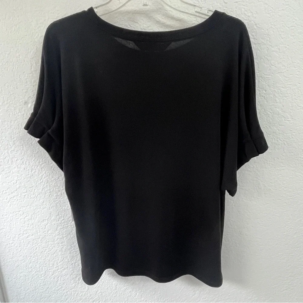 Rachel Roy Black Jersey Tee Crew Neck with Pleated Sleeve Detail Size XL